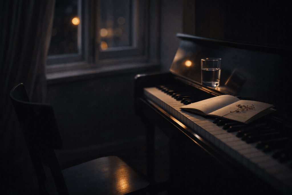 Moonlit piano with an empty chair and quiet objects, reflecting self-awareness and stubborn love in “Die On This Hill”