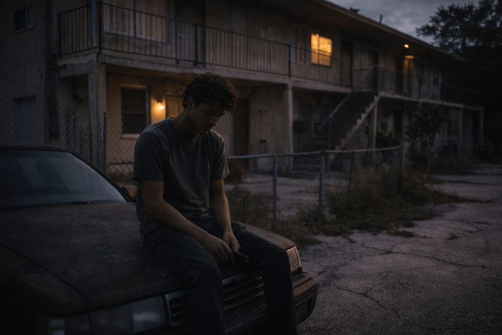 Editorial image of a young man sitting on a car outside a worn Florida apartment building at dusk, reflecting the family instability and emotional baggage discussed in Dominic Fike’s “Babydoll”