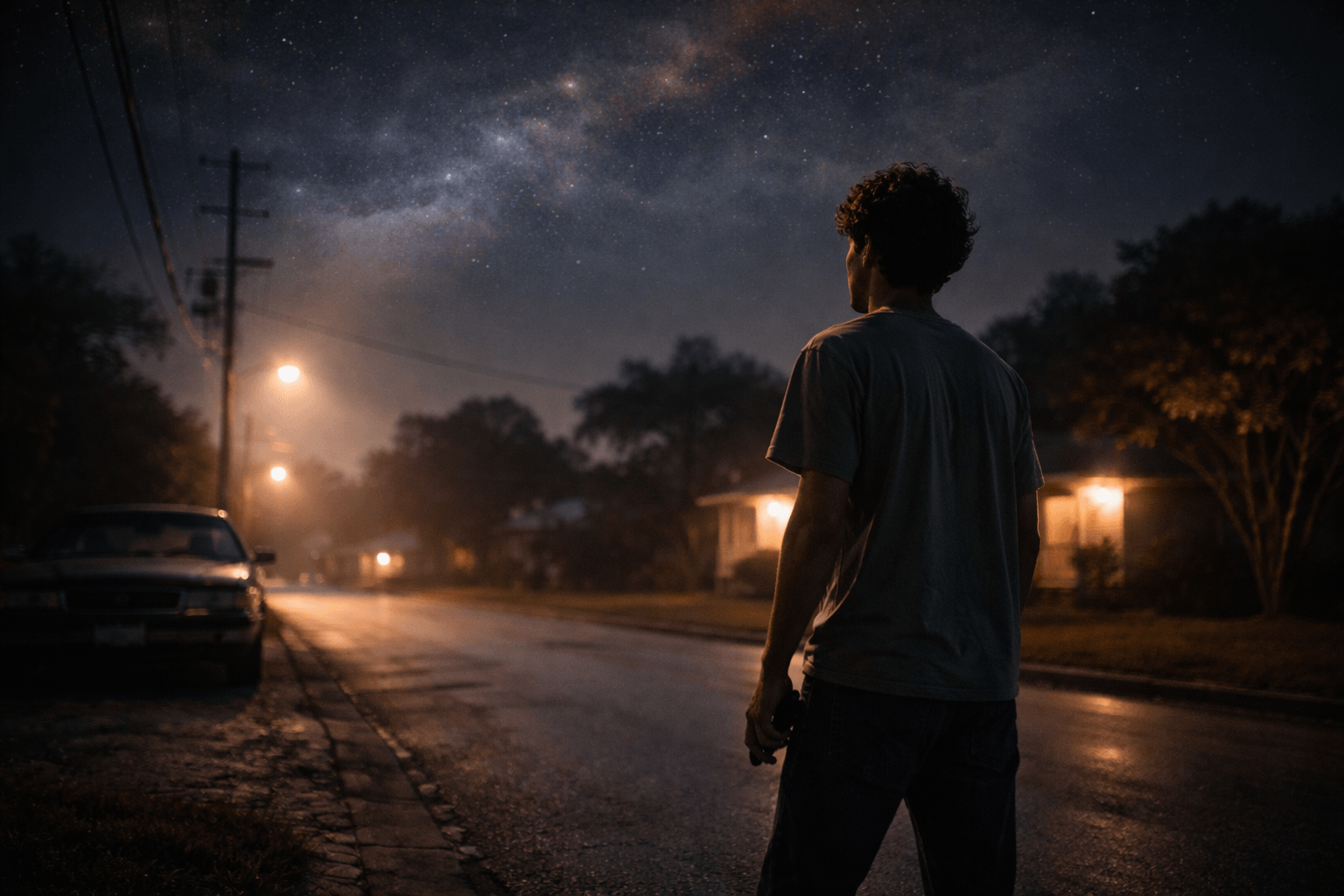 Cinematic portrait of a young man standing alone on a Florida street at night beneath a subtly cosmic sky, symbolizing the emotional longing and escape themes in Dominic Fike’s “Babydoll”