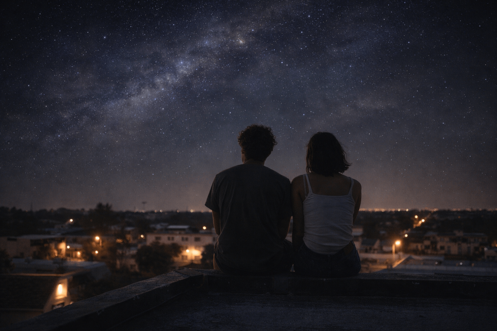 Cinematic rooftop night scene of two figures beneath a vast star-filled sky, representing the escape fantasy and emotional distance in Dominic Fike’s “Babydoll”