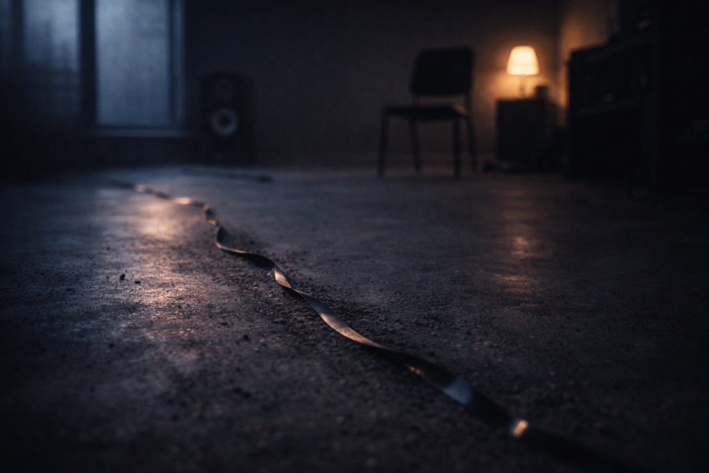 Analog tape trailing across a dusty studio floor like a path, symbolizing art as traceable evidence in Twenty One Pilots’ “Drag Path”