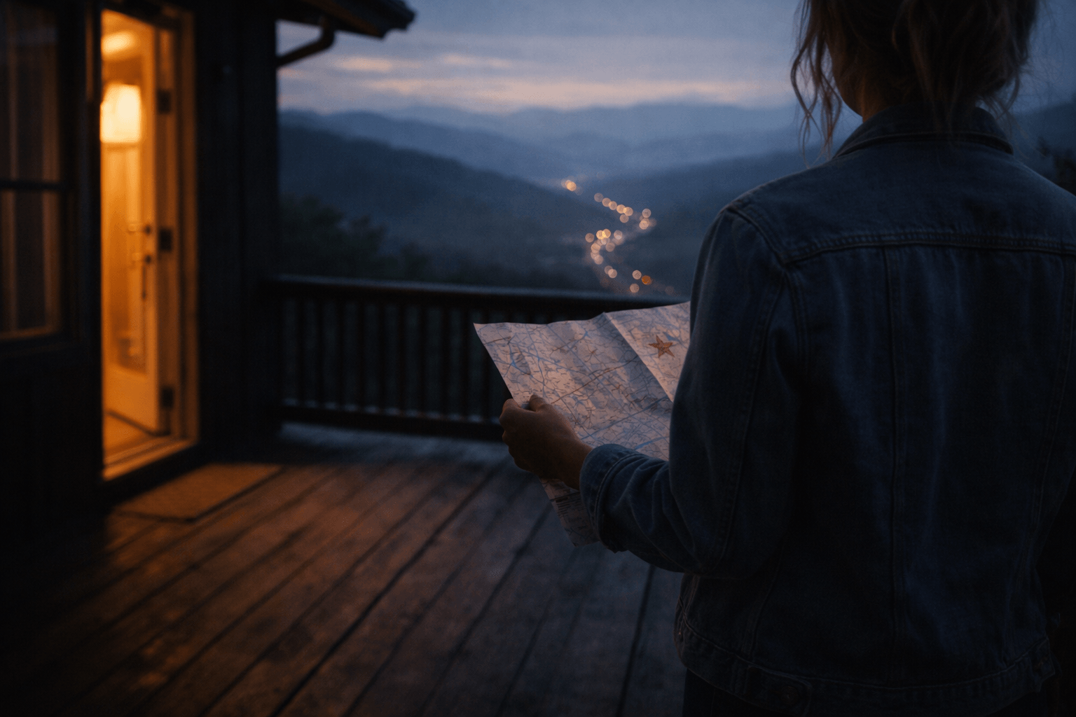 Woman on a mountain porch holding a folded map as highway lights fade into the distance, symbolizing roots and heartbreak in “Choosin’ Texas”