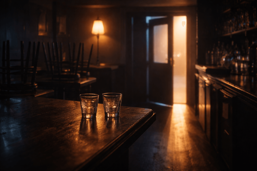Empty bar at closing time with a door cracked open and warm light spilling in, symbolizing emotional reopening in “Fever Dream”
