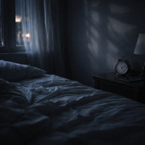 Moonlit bedroom with drifting curtain shadows and a face-down phone, reflecting sleepless, dreamlike infatuation in “Fever Dream”