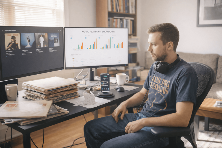 Person comparing music streaming platforms at desk
