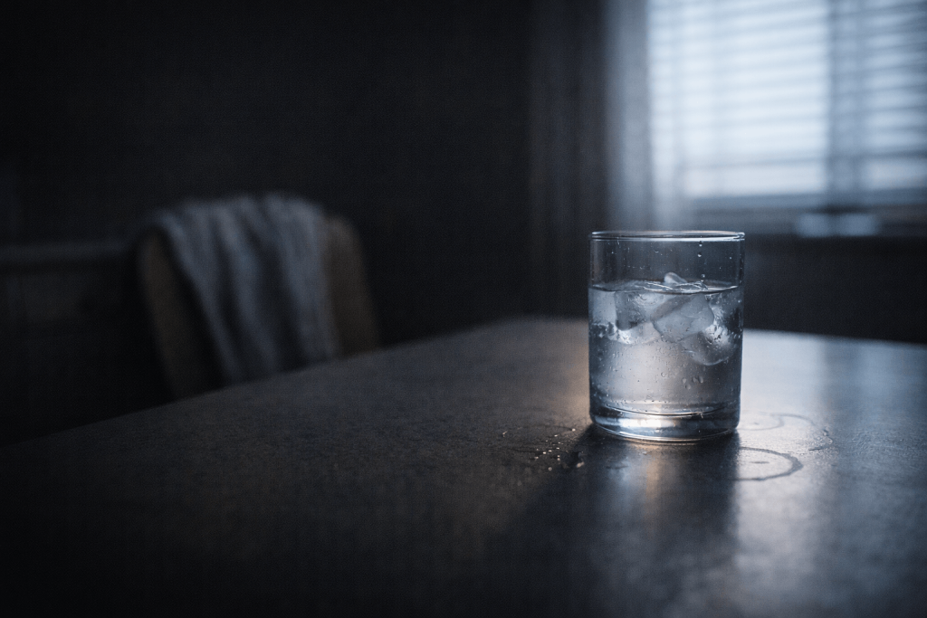 Melting ice in a glass on a quiet counter, reflecting “cold but not frozen” feelings in Kehlani’s “Folded”