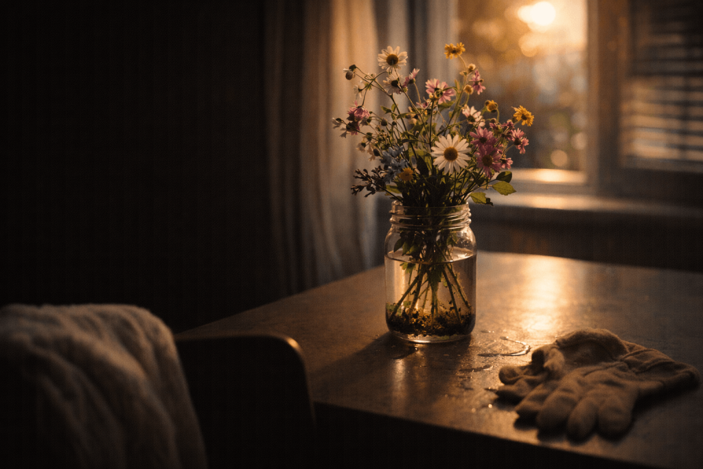 Jar of freshly picked garden flowers on a table in warm light, symbolizing personal care and accountability in Kehlani’s “Folded”