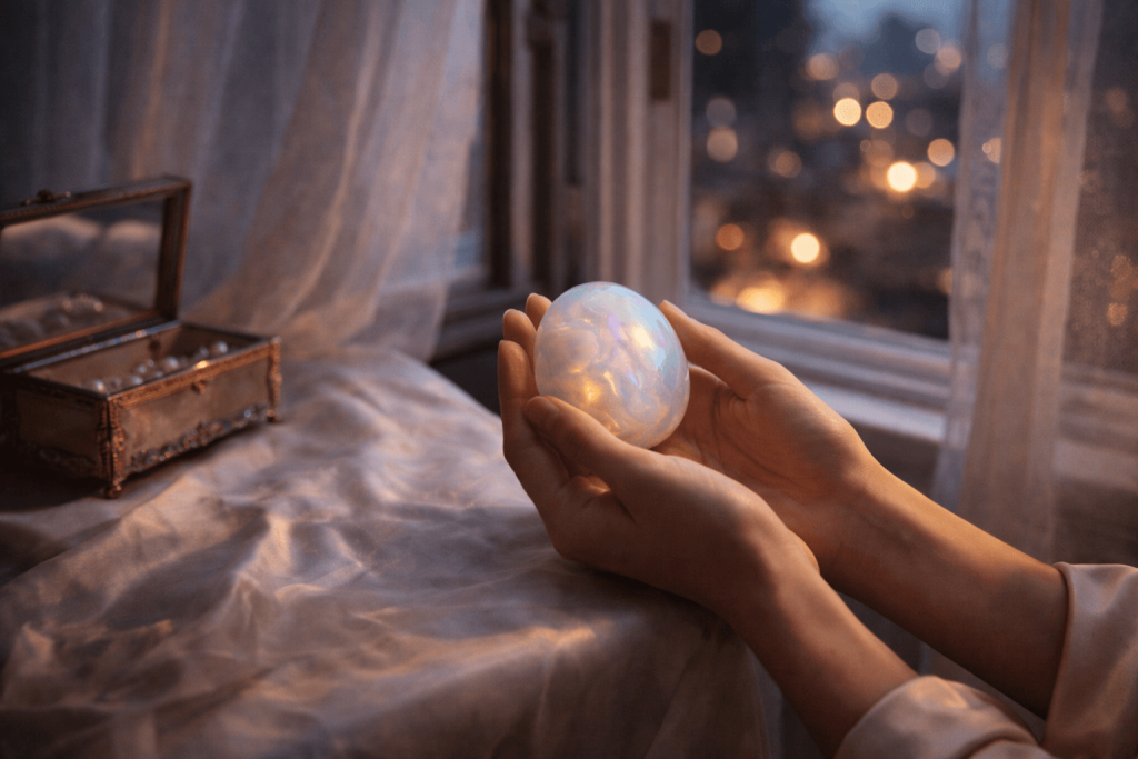 Hands holding an opalite-like stone by an open window in soft evening light, symbolizing intentional happiness and emotional recovery in “Opalite”