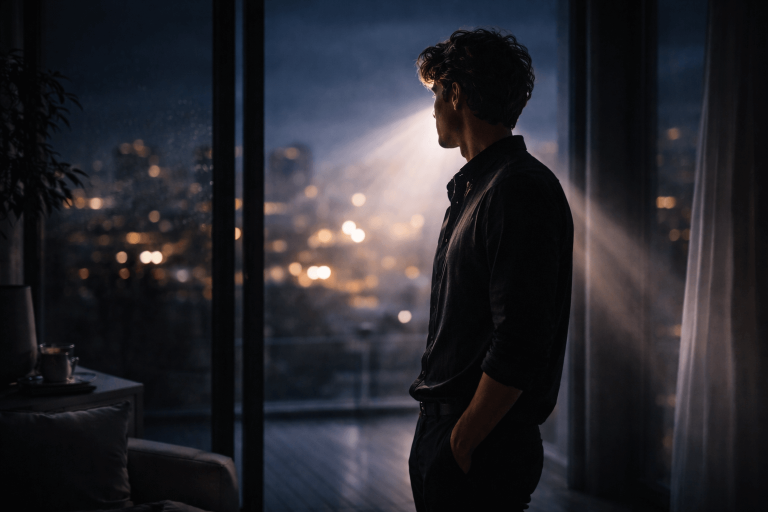 Anonymous man standing in a modern apartment as circular light opens across him, symbolizing vulnerability and emotional openness in “Aperture”