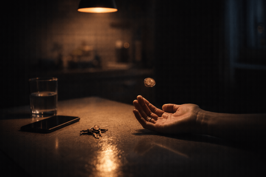 Coin flip above a hand beside a phone and keys, reflecting fate and self-sabotage in “iloveitiloveitiloveit”