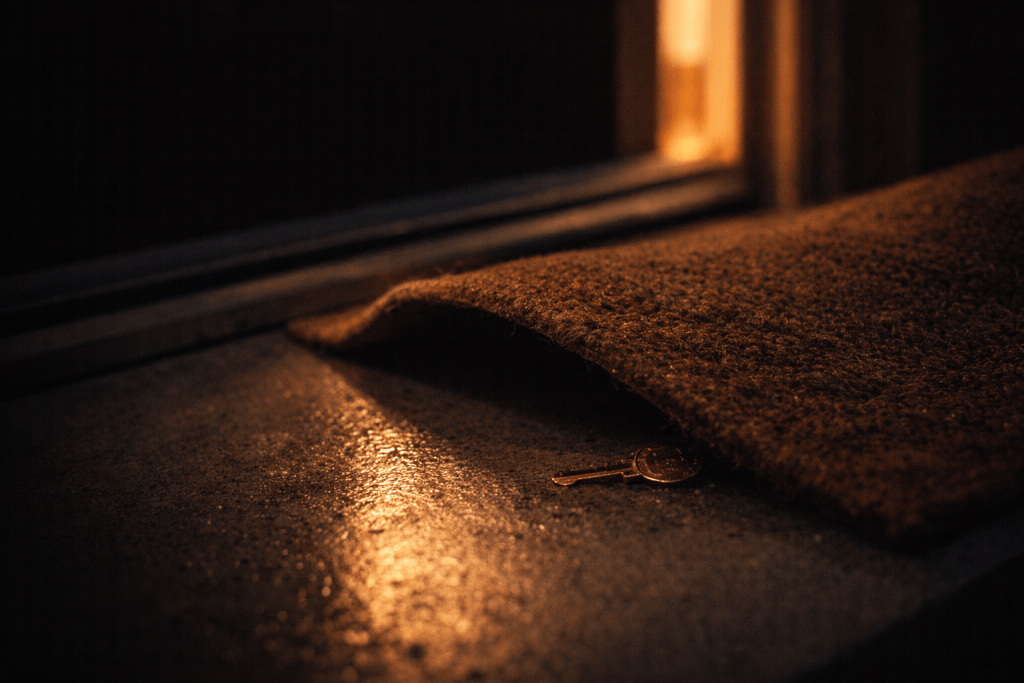 Brass key hidden under a welcome mat near a glowing doorway, symbolizing relapse and weak boundaries in Bella Kay’s “iloveitiloveitiloveit”