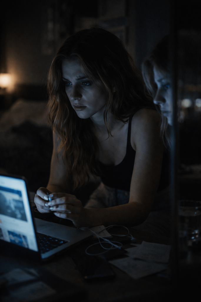 Moody editorial portrait of a woman lit by laptop and phone screens, reflecting digital self-surveillance and anxious attachment in Julia Wolf’s “In My Room”