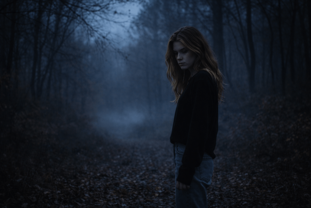 Cinematic autumn woods portrait of a woman at twilight, symbolizing the gothic anxiety and emotional spiraling in Julia Wolf’s “In My Room”