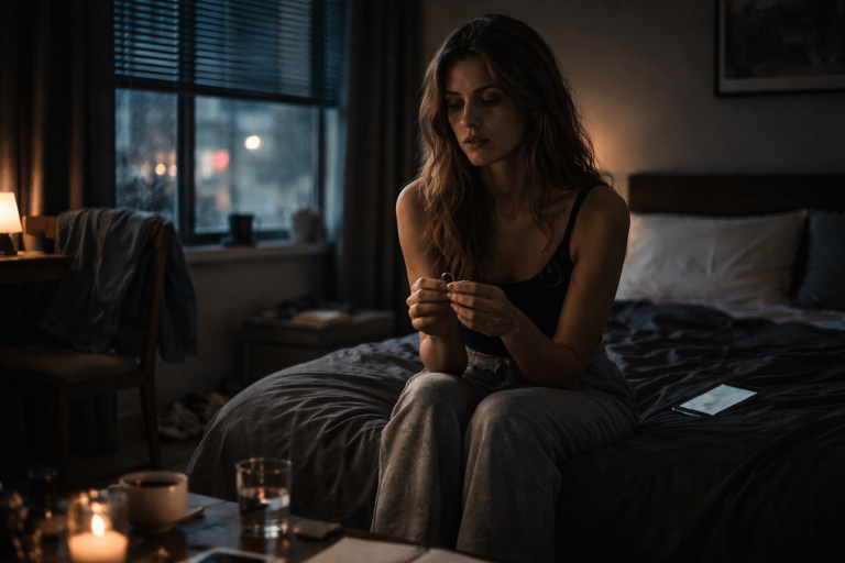 Cinematic bedroom image of a woman holding a personal object at night, symbolizing obsessive longing and the need for proof in Julia Wolf’s “In My Room”