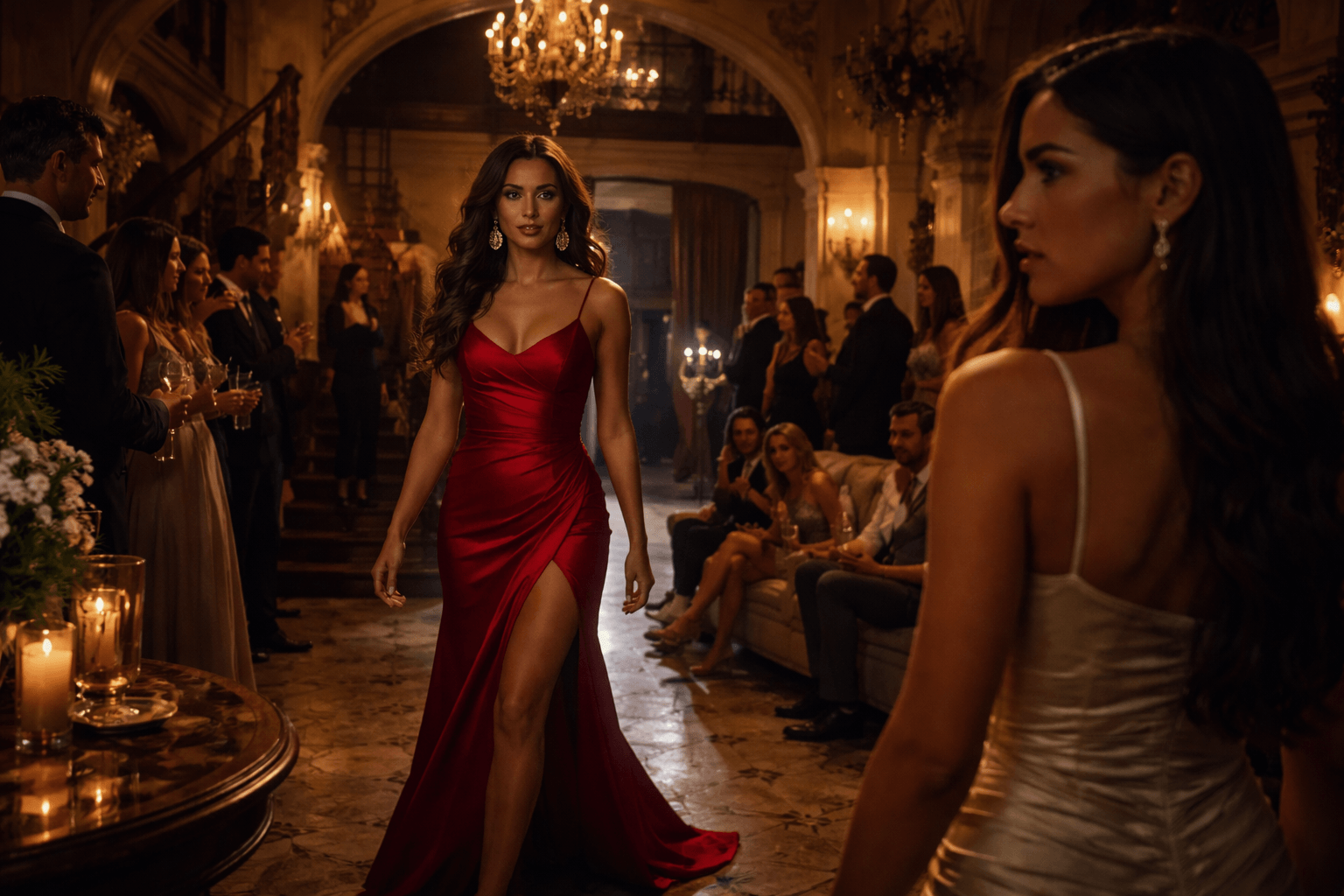 Cinematic editorial image of a glamorous woman entering a grand room while another woman watches tensely, reflecting the jealousy and spectacle at the center of KATSEYE’s “Gabriela”