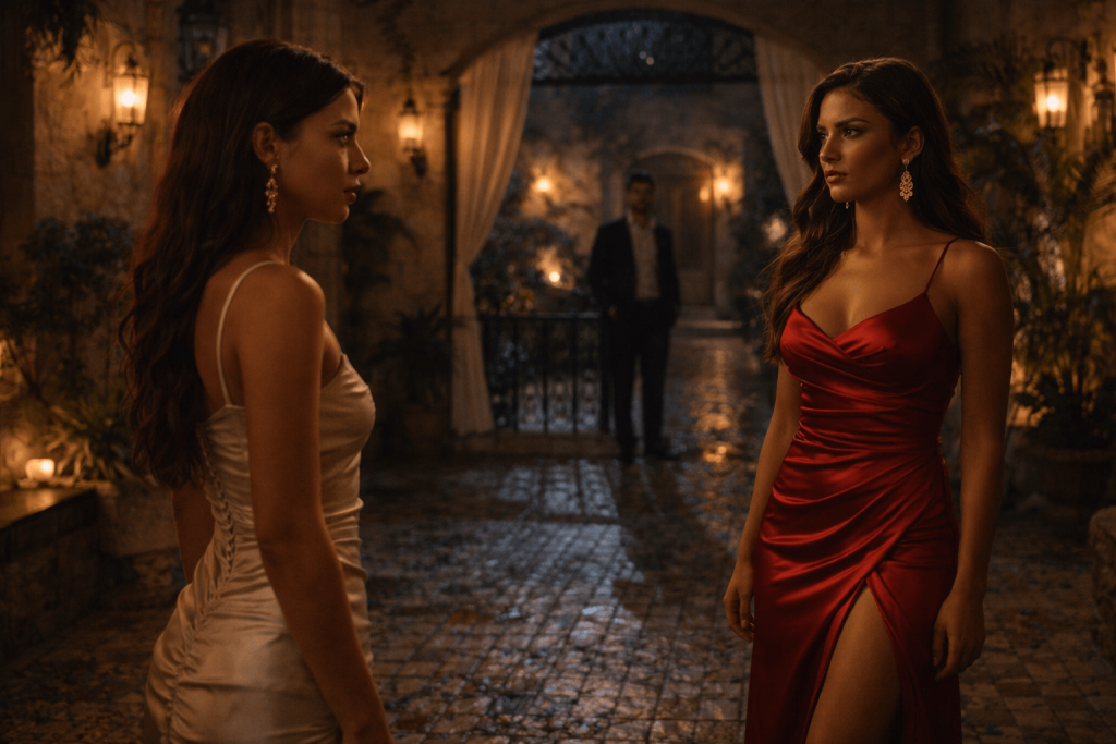 Cinematic courtyard standoff between two women at night, representing the defiant rivalry and telenovela-inspired tension in KATSEYE’s “Gabriela”