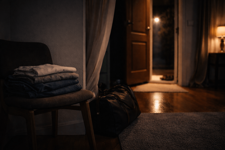 Folded clothes on a chair beside an open door in a dim apartment, symbolizing unfinished love in Kehlani’s “Folded”