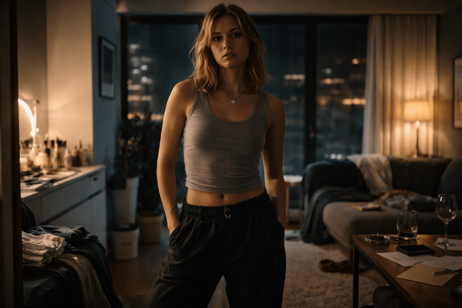 Cinematic editorial image of a woman standing between order and chaos in an apartment, symbolizing the contradiction and self-image pressure in Lola Young’s “Messy”