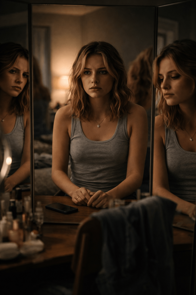 Editorial mirror portrait showing multiple emotional reflections of a woman, symbolizing contradiction and identity pressure in Lola Young’s “Messy”