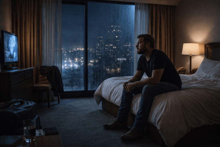 Cinematic image of a sleepless man alone in a hotel room at night, symbolizing distance and longing in Luke Combs’ “Sleepless in a Hotel Room”