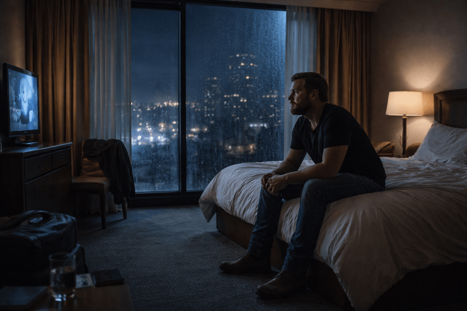 Cinematic image of a sleepless man alone in a hotel room at night, symbolizing distance and longing in Luke Combs’ “Sleepless in a Hotel Room”