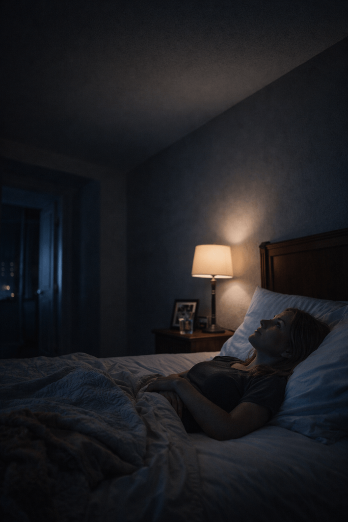 Editorial image of a woman lying awake at home and staring at the ceiling, symbolizing mutual longing in Luke Combs’ “Sleepless in a Hotel Room”