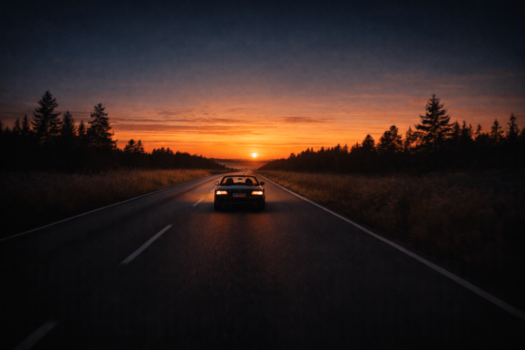 Empty night road with a car driving toward a bright golden horizon, symbolizing freedom from routine in “Midnight Sun”