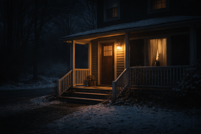 Warm porch light glowing on an empty winter front step at night, symbolizing waiting and family devotion in Noah Kahan’s “Porch Light”