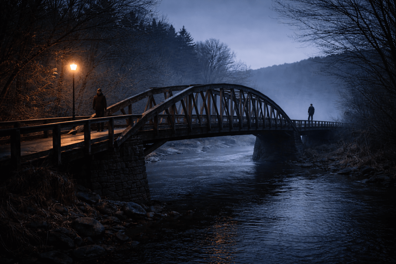 Two distant figures at opposite ends of a covered bridge at dusk, symbolizing the emotional distance in Noah Kahan’s “The Great Divide”