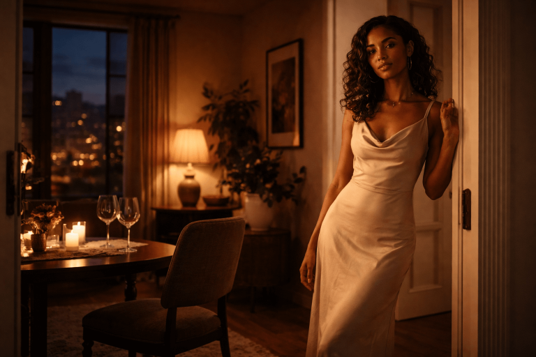 Confident woman standing in a warm apartment doorway beside an empty chair and table, symbolizing flirtation, standards, and emotional clarity in “Man I Need”