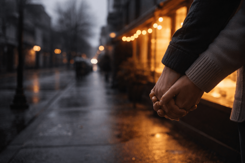 Clasped hands in warm light against a desaturated rainy street, reflecting how love brings color back in “Ordinary”