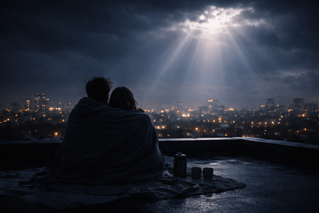 Couple on a rooftop under dramatic moonbeams over city lights, symbolizing heaven-like devotion in Alex Warren’s “Ordinary”