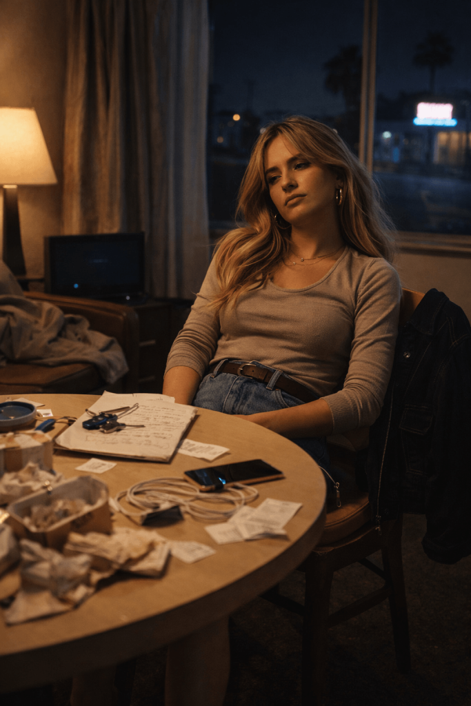 Editorial image of a woman sitting at a cluttered table handling all the practical tasks, reflecting the emotional labor in Sabrina Carpenter’s “Manchild”