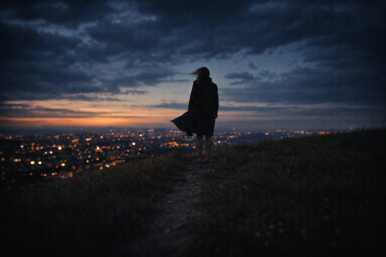 Woman standing alone on a windy hill at dusk with city lights below, symbolizing stubborn love in “Die On This Hill”