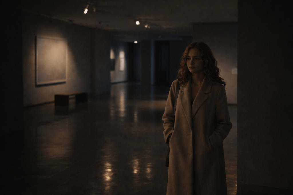 Cinematic image of a woman alone in a quiet art gallery at closing time, symbolizing feeling temporary and unforgettable in Sienna Spiro’s “The Visitor”