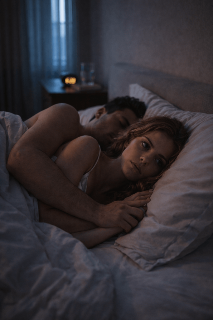 Moody dawn image of a woman awake in someone’s arms, reflecting the temporary closeness and anxiety in Sienna Spiro’s “The Visitor”