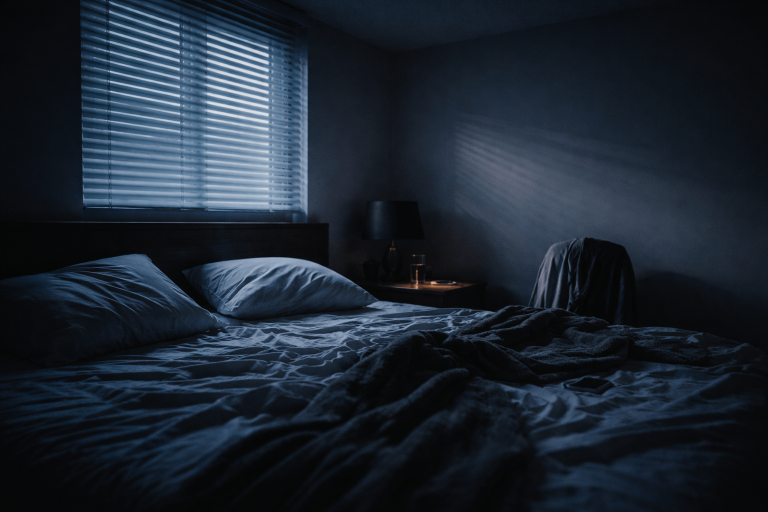 Empty rumpled bed under pale morning light with a phone on the nightstand, symbolizing the intimate aftermath in Sombr’s “back to friends”