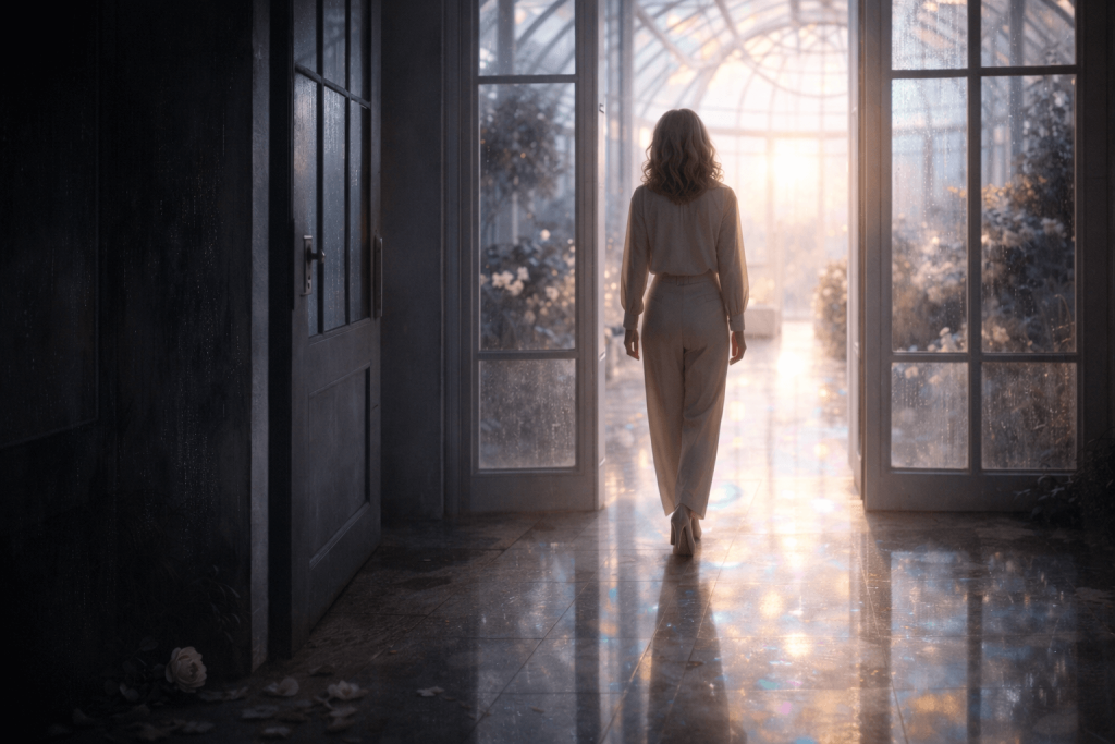 Woman stepping from a dim corridor into soft iridescent morning light, reflecting the emotional transformation in “Opalite”