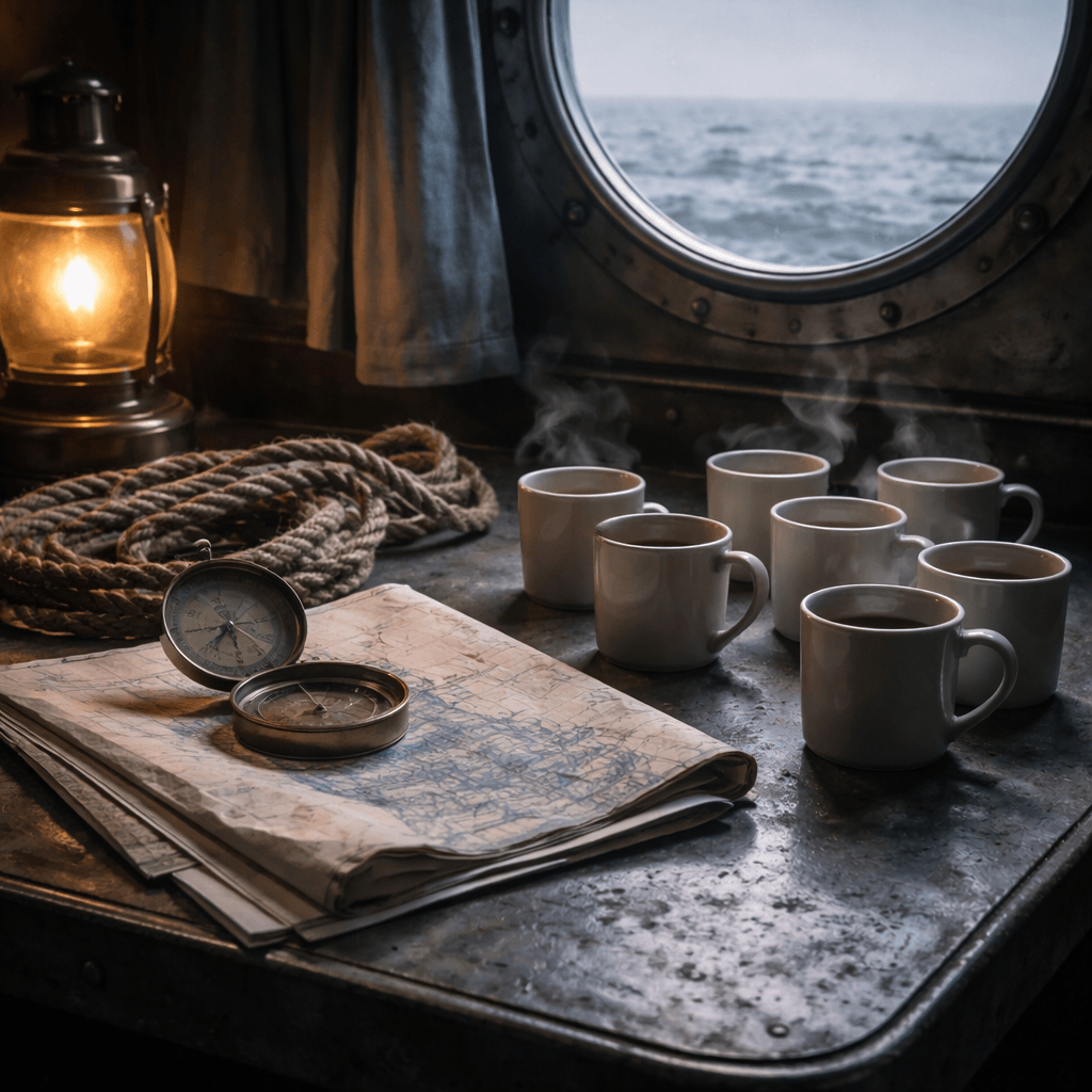 Ship cabin still life symbolizing memory, navigation, and forward motion