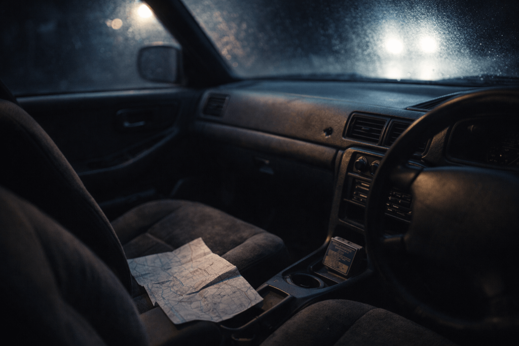 Worn car interior with a small cigarette burn and a folded map, reflecting reckless youth and misunderstanding in “The Great Divide”