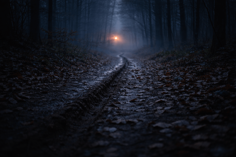 Foggy forest path with a clear drag mark leading toward a warm light, symbolizing the emotional trace in Twenty One Pilots’ “Drag Path”