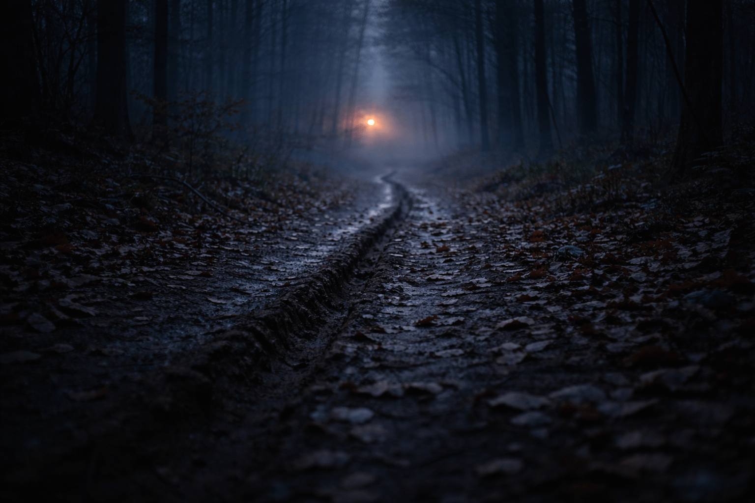 Foggy forest path with a clear drag mark leading toward a warm light, symbolizing the emotional trace in Twenty One Pilots’ “Drag Path”