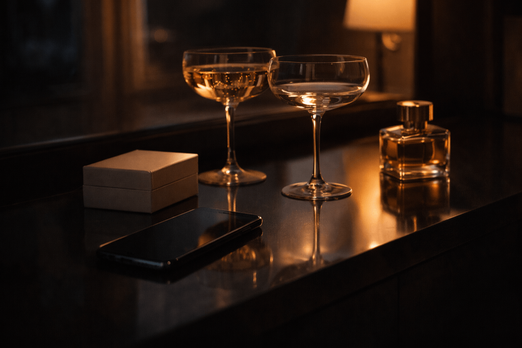 Unopened jewelry box and two champagne glasses beside a phone on a dressing table, symbolizing proof and reciprocity in Tyla’s “Chanel”
