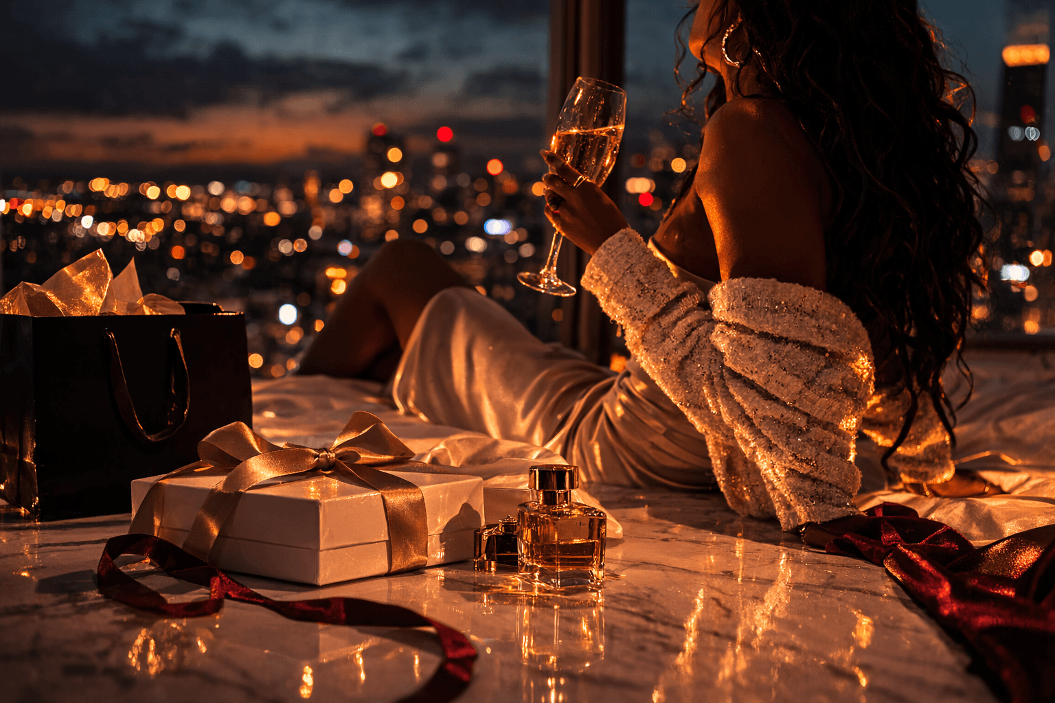 Fashion-forward woman in a luxury suite with gift packaging and city lights, symbolizing Tyla’s “Chanel” message of being treated like luxury