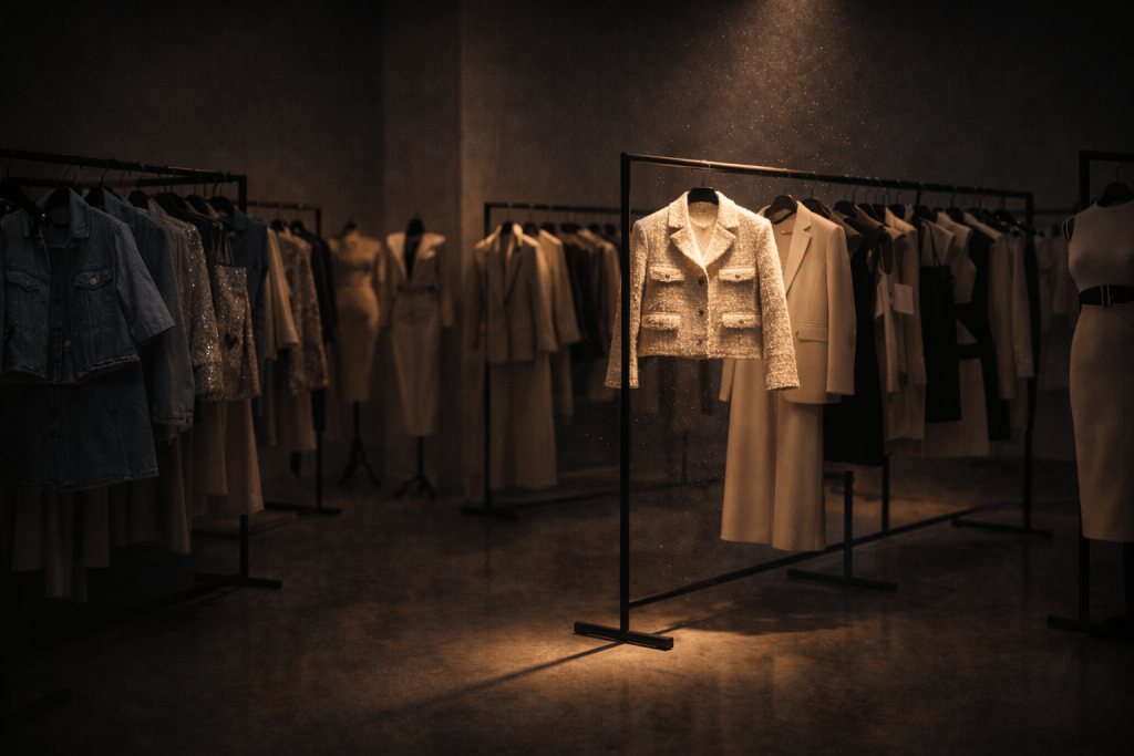 Fashion archive room with curated classic garments under spotlight, reflecting the luxury symbolism and self-worth theme of Tyla’s “Chanel”