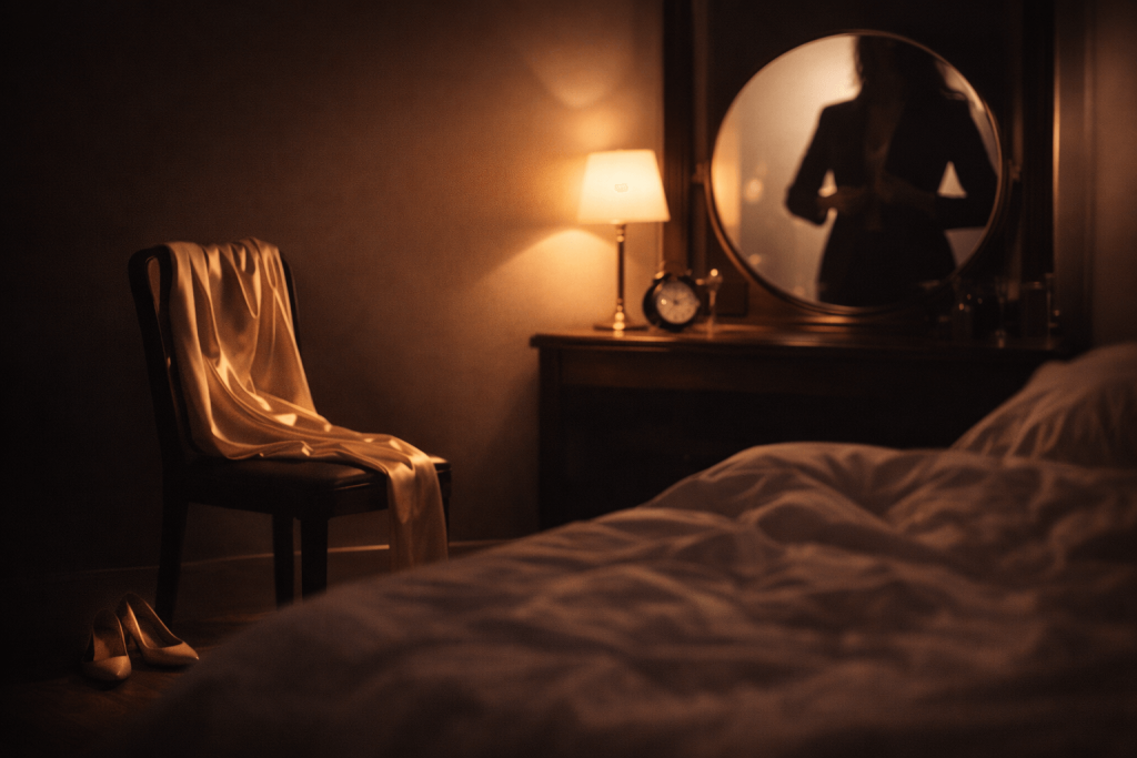 Late-night bedroom with a faceless silhouette at a mirror and a clock near 2 a.m., reflecting the lonely, theatrical waiting in “Where Is My Husband!”