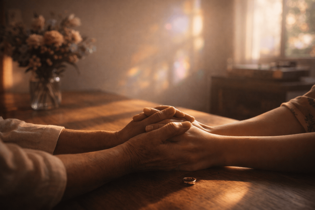 Older and younger hands clasped in warm morning light with a ring nearby, symbolizing reassurance and hope in “Where Is My Husband!”