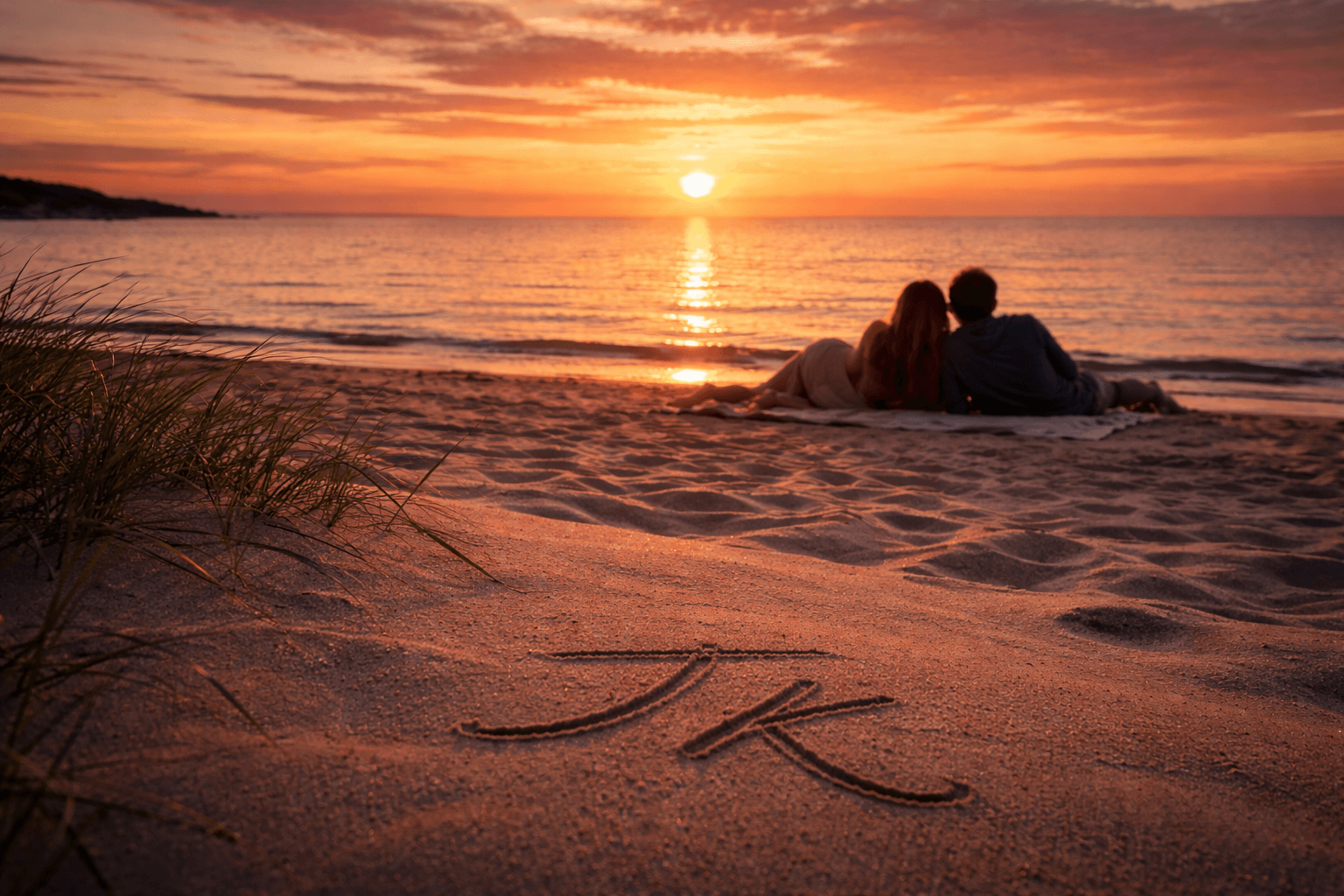 Swedish-style midnight sun over a calm beach with subtle initials in the sand, capturing Zara Larsson’s “Midnight Sun” feeling of endless summer