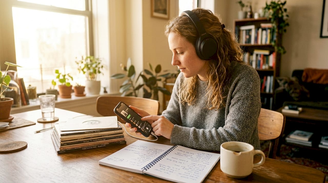 Woman discovering music at home table