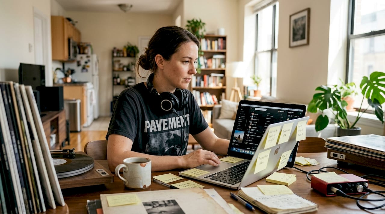 Woman managing playlists at cluttered table